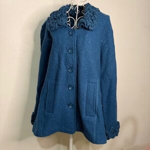 Harve Benard Ruffle Textured Collar & Cuffs Teal Blue 100% Wool Jacket. XL.